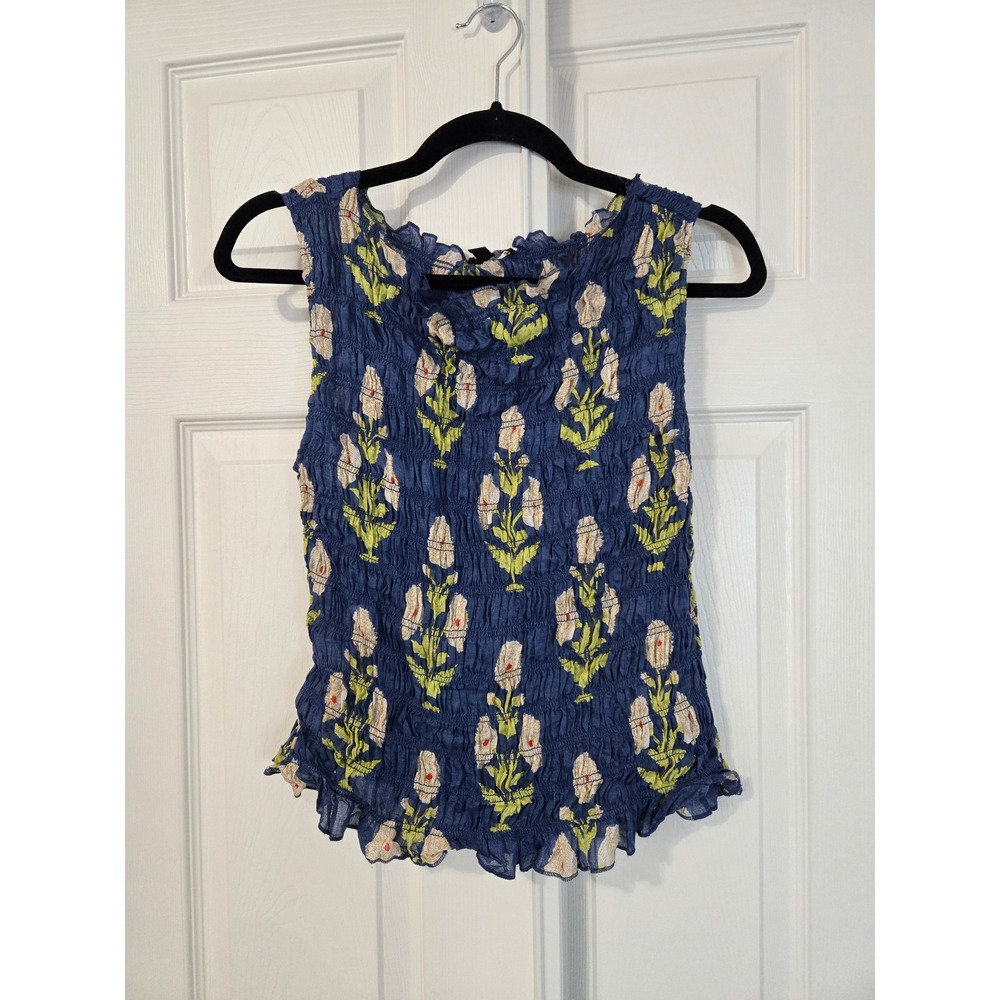 J.Crew Smocked Floral Ramie Sleeveless Top Blue Green CV038 Women Small